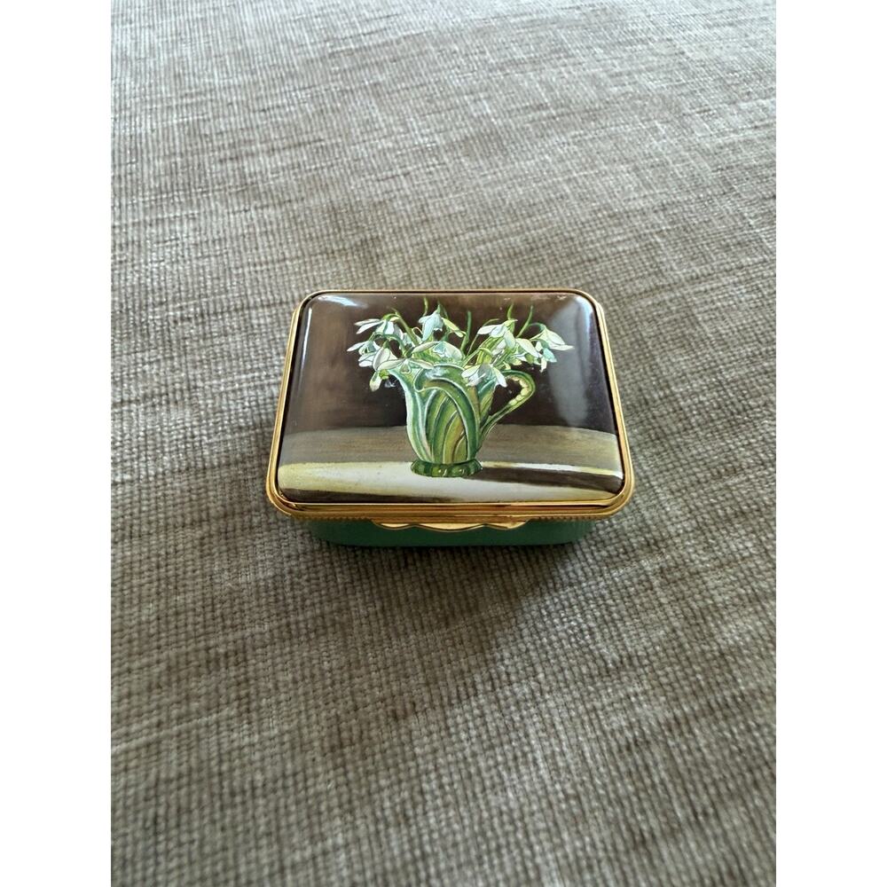 Halcyon Days Enamels England Snowdrops Art Deco Jug Trinket Box Chrissy Wilson